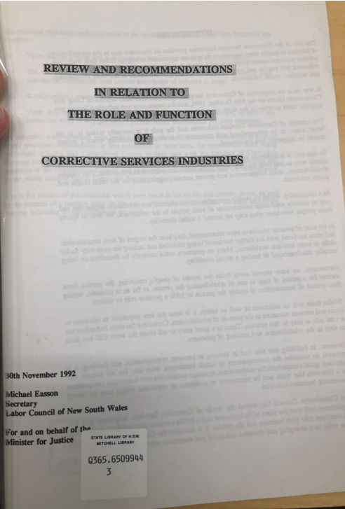 The front cover of the report (from the State Library of NSW copy).