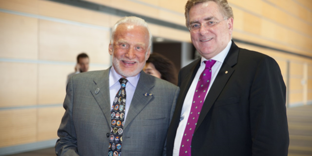 Former astronaut Buzz Aldrin and Michael Easson after the former spoke at the 2015 AFA Conference in Brisbane. Former astronaut Buzz Aldrin and Michael Easson after the former spoke at the 2015 AFA Conference in Brisbane.