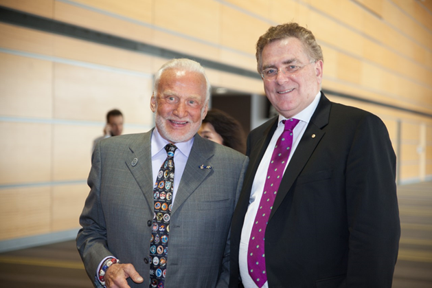 Former astronaut Buzz Aldrin and Michael Easson after the former spoke at the 2015 AFA Conference in Brisbane.