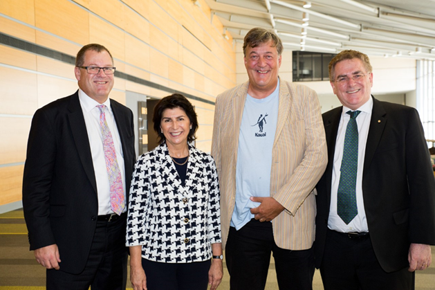 ASFA Conference Chair Russell Mason, ASFA CEO Pauline Vamos, Stephen Fry, and Michael Easson after Fry spoke at the 2015 AFA Conference in Brisbane.