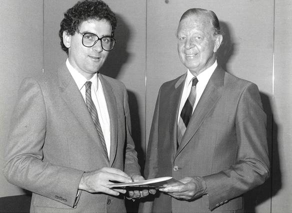 Michael Easson with the Rev. Alan Walker, n.d., circa mid 1980s, from Michael Easson’s photo collection. This photo was not published with the review or in the book. Walker was mentioned by Pabst as a Christian figure who saw his beliefs as close to Labor values.