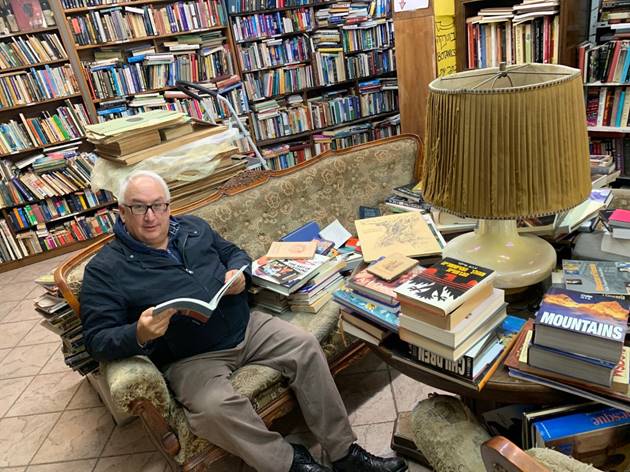 Michael Danby in the Book Gallery second hand bookstore in Shatz Street, Jerusalem, 13 December 2019. Photographer: Michael Easson.