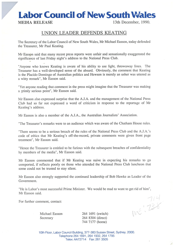 My media release concerning Keating’s Placido Domingo speech in 1990.