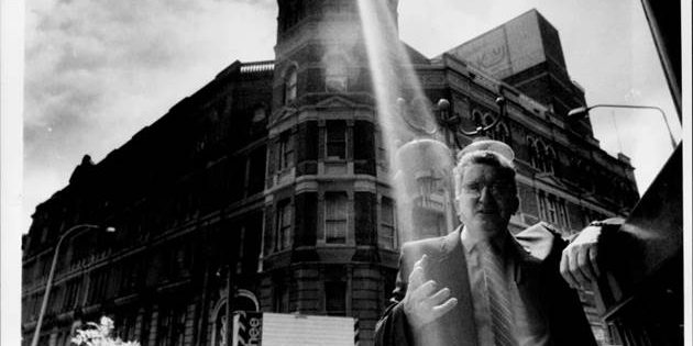 Ray of hope: Vince Higgins, secretary of the Federated Clerks Union, in front of the old Trades Hall building in Haymarket, which has been reprieved from demolition, 1987. Photo appeared with article. Ray of hope: Vince Higgins, secretary of the Federated Clerks Union, in front of the old Trades Hall building in Haymarket, which has been reprieved from demolition, 1987. Photo appeared with article.