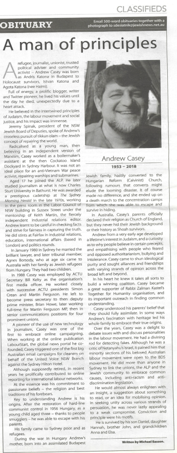 Version of the Andrew Casey obituary as it appeared in the Australian Jewish News.