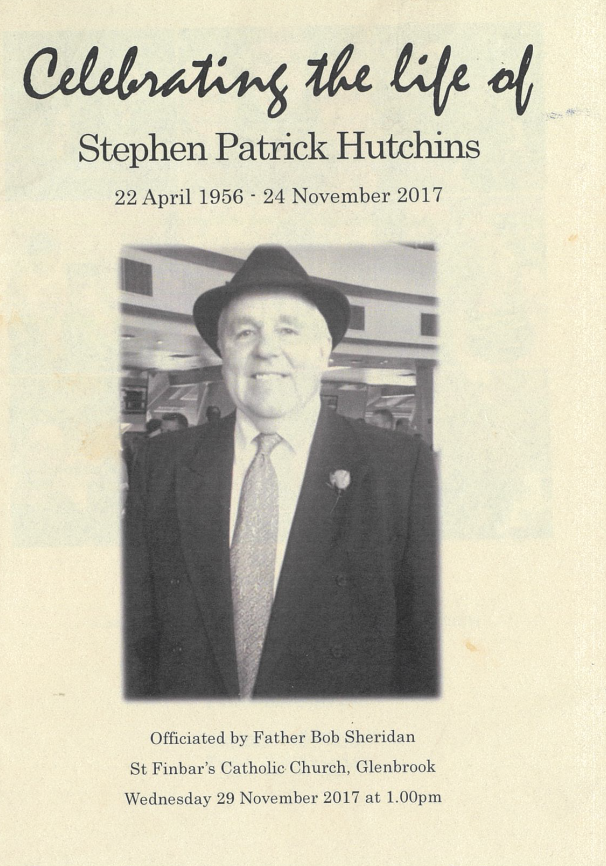 Front cover of the Mass booklet for the funeral of Stephen Patrick Hutchins.