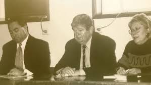 Photo of Labor Council Secretary Peter Sams, Labor Council President John Whelan, and ACTU President, Jennie George, circa 1997. Published with the obituary.