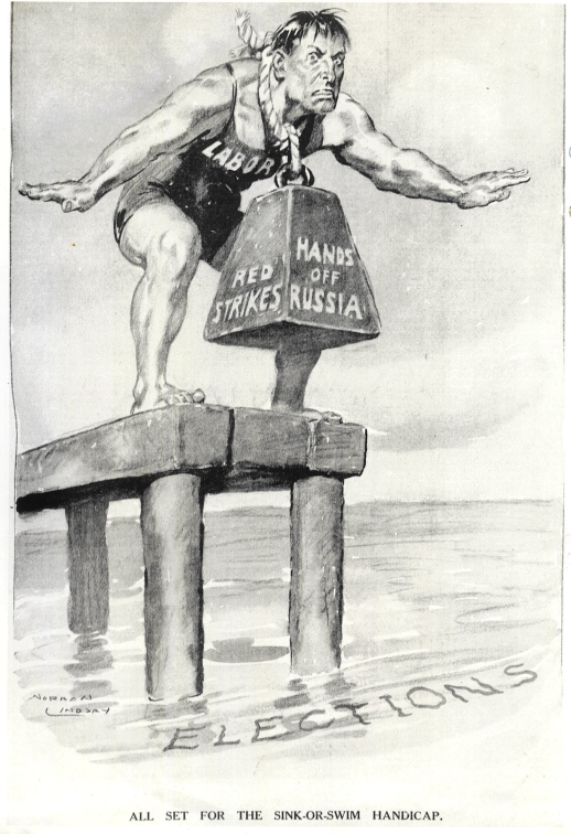 Norman Lindsay’s cartoon in The Bulletin, 3 April 1940, p. 7, after NSW Labor carried its notorious “Hands off Russia” resolution which Lloyd Ross helped to draft and spoke to at the ALP state annual conference at Easter 1940. Illustration not included with what was published in the ADB.