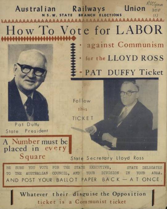 The 1950 ALP Industrial Group how-to-vote in the Australian Railways Union election, NSW Branch. From Trove digital library, National Library of Australia, https://trove.nla.gov.au/version/266437786; illustration not included with what was published in the ADB.