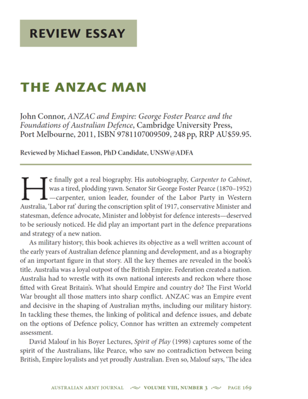 First page of the review of the Pearce biography as published in the Australian Army Journal.