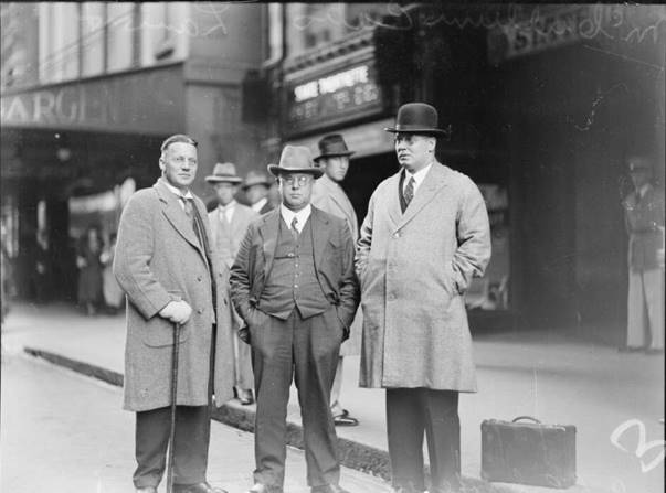 John A. McCallum (left), Mr John (“Jack”) C. Lamont (then president of the Queensland branch of the Australian Workers Union) and Mr James H. Catts, former MP and member of the party’s State executive standing on the street at the anti-Lang NSW Majority Australian Labor Party conference, Sydney, 28 June 1933 collection. From National Library of Australia’s Fairfax archive of glass plate negatives, PIC/15611/1980 LOC Cold store PIC/15611. This photo was not published with the review or in the book.