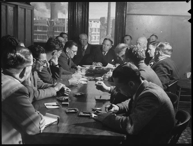 Labor Council of NSW meeting in the Trades Hall, Jim Kenny at the head of the table, behind him on the left, Labor Council then secretary Bob King, photographed by Harry Freeman on 3 August 1950, Mitchell Library, State Library of New South Wales, ON 388/Box 004/Item 080. Not included with the original ADB article.