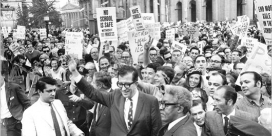 Albert Shanker, center, the president of the United Federation of Teachers, leading a 1968 rally at City Hall. The union opposed efforts to decentralise the school system. In the foreground, next to Shanker, is the black human rights activist and Social Democrats USA supporter, Bayard Rustin. (Photo: William E. Sauro, The New York Times). Photo not included on publication of the obituary. Albert Shanker, center, the president of the United Federation of Teachers, leading a 1968 rally at City Hall. The union opposed efforts to decentralise the school system. In the foreground, next to Shanker, is the black human rights activist and Social Democrats USA supporter, Bayard Rustin. (Photo: William E. Sauro, The New York Times). Photo not included on publication of the obituary.