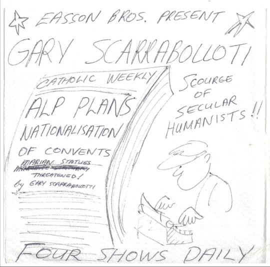 Carr was a gifted cartoonist. Here are three that he scribbled in the early 1980s after lunch in the Gelato Bar, Bondi: Labor activist Michael Danby, former Catholic Weekly assistant editor Gary Scarrabelotti, and the journalist and essayist Tony McAdam: 2/3