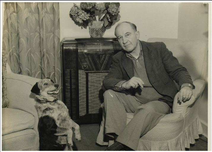 With his dog “Mac”, Bill McKell listens to the radio on the night of the May 1944 NSW election victory. Photo published in the book.