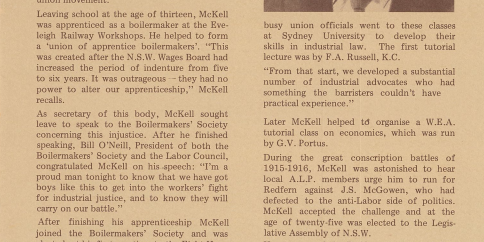 The story of Bill McKell’s life as published inside the Labor Council of NSW’s 110th Anniversary booklet, together with some details of the celebration at the Sydney Town Hall: 1/6