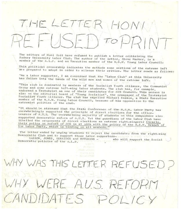 One of many roneoed ‘flyers’ distributed on campus in October 1977.