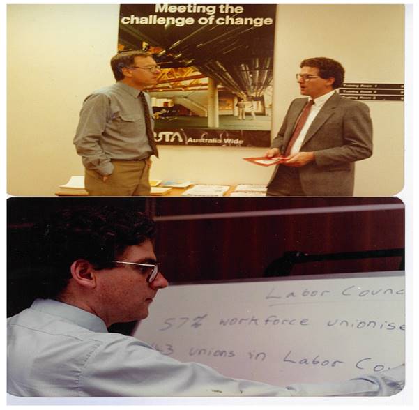 Above, Michael Johnson, then NSW Director, Trade Union Training Authority (TUTA) and me. Below, at a TUTA training course, circa 1981.