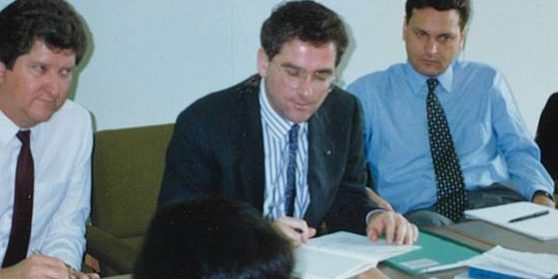 Photo from an ACTU delegation’s visit to Japan in 1989.  In the frame are Tom Barton (then Assistant Secretary, Queensland Trades and Labor Council, later a State MP in Queensland, 1992 to 2006, and a Queensland government minister, 1998 to 2006), Michael Easson and Michael McLeod, recently appointed ACTU International Affairs Officer (who was ex-Labor Council of NSW). Photo from an ACTU delegation’s visit to Japan in 1989. In the frame are Tom Barton (then Assistant Secretary, Queensland Trades and Labor Council, later a State MP in Queensland, 1992 to 2006, and a Queensland government minister, 1998 to 2006), Michael Easson and Michael McLeod, recently appointed ACTU International Affairs Officer (who was ex-Labor Council of NSW).