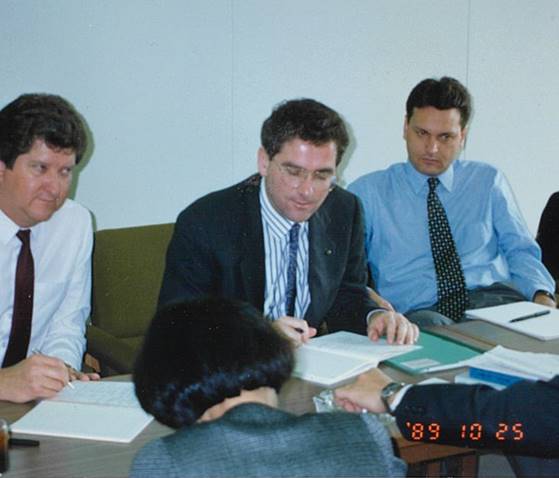 Photo from an ACTU delegation’s visit to Japan in 1989. In the frame are Tom Barton (then Assistant Secretary, Queensland Trades and Labor Council, later a State MP in Queensland, 1992 to 2006, and a Queensland government minister, 1998 to 2006), Michael Easson and Michael McLeod, recently appointed ACTU International Affairs Officer (who was ex-Labor Council of NSW).