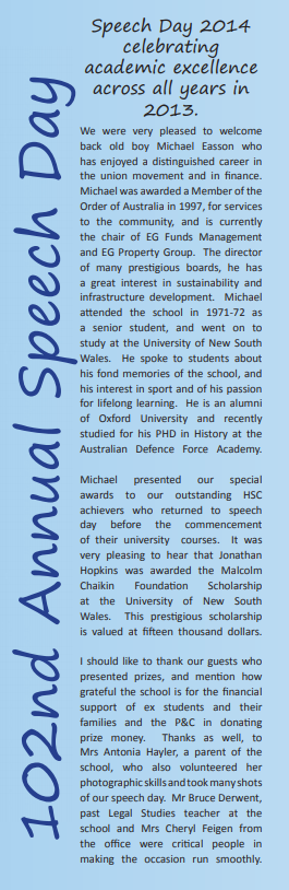 Report on the school speech day by the principal, Jacqueline Lyons, in the Sydney Technical High School Journal 2014, p. 18.