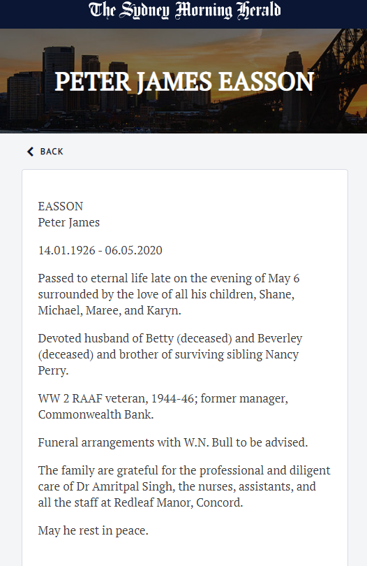 The death notice in The Sydney Morning Herald, 8 May 2020.