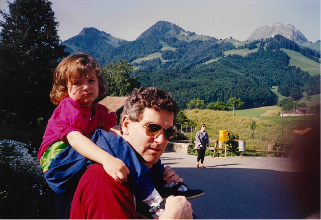 “No more walking, Dad!” Trecking near Ferney-Voltaire in the Auvergne-Rhône-Alpes region of Southeastern France, not far from Geneva in 1993.