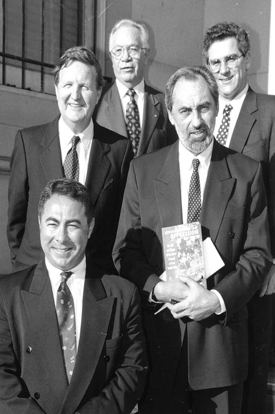 Former Secretaries of the Labor Council of NSW. Counterclockwise from front: Peter Sams, Ray Markey (the author of the book on the history of the Labor Council, In Case of Oppression, 1994), Michael Easson, John Ducker, and Barrie Unsworth, circa 1994. Michael Easson photo collection.