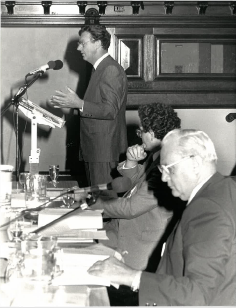 From Left to right: John MacBean (standing), Michael Easson, and Ernie Ecob, circa 1988. From Unions NSW photo collection.