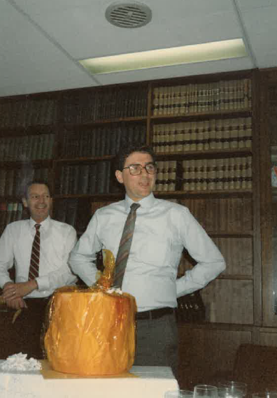 Michael Easson (speaking) with John MacBean, just before my wedding in November 1984. From the photo collection, Unions NSW.