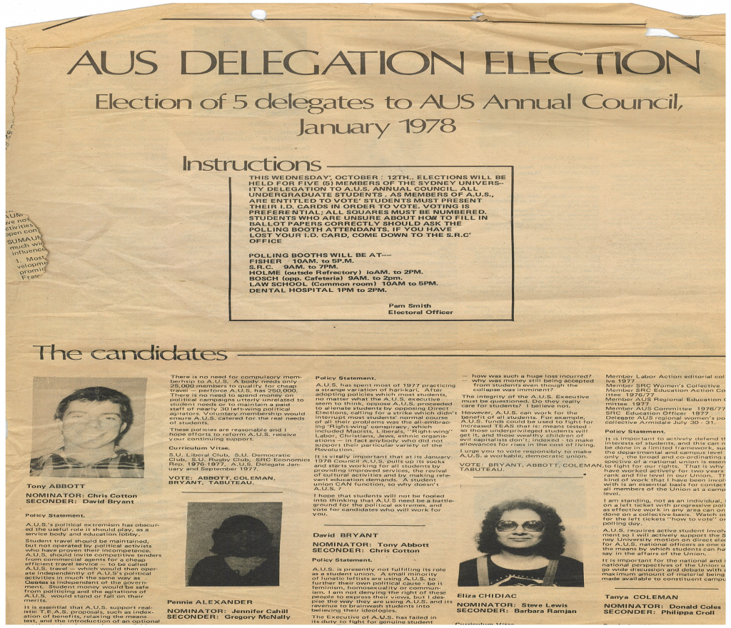 Above and below: Extracts from policy statements on election as University of Sydney delegates to the Australian Union of Students (AUS) published in a supplement to Honi Soit in October 1977. Interestingly, as at March 2020, this particular edition of the student paper has not been digitised on the website http://honisoit.com/archived/ 1/2