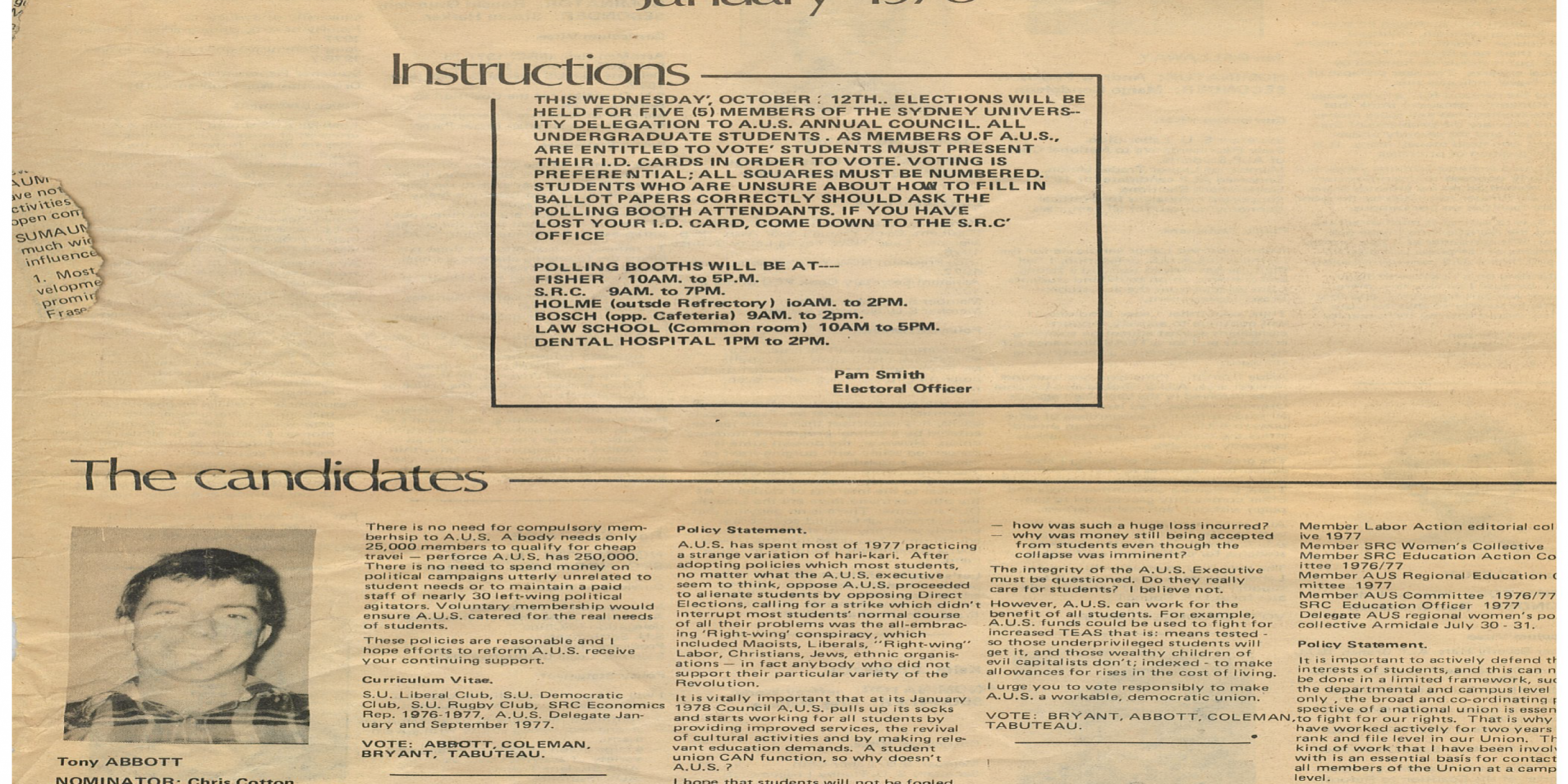 Above and below: Extracts from policy statements on election as University of Sydney delegates to the Australian Union of Students (AUS) published in a supplement to Honi Soit in October 1977. Interestingly, as at March 2020, this particular edition of the student paper has not been digitised on the website http://honisoit.com/archived/ 1/2