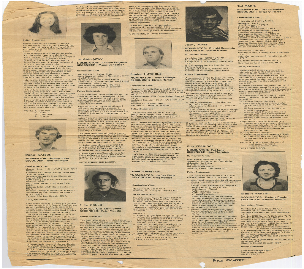 Above and below: Extracts from policy statements on election as University of Sydney delegates to the Australian Union of Students (AUS) published in a supplement to Honi Soit in October 1977. Interestingly, as at March 2020, this particular edition of the student paper has not been digitised on the website http://honisoit.com/archived/ 2/2