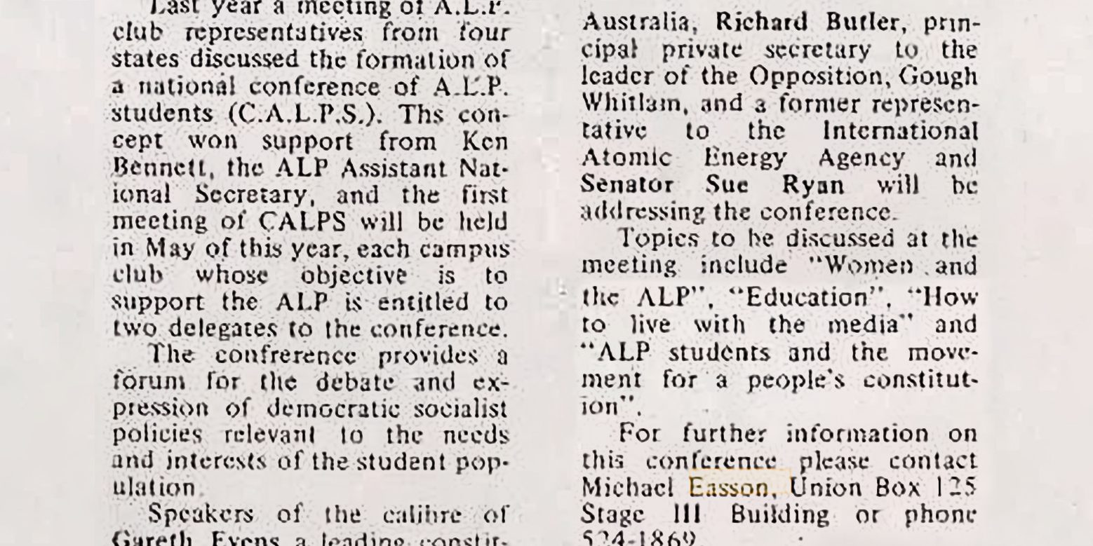 A notice on the forthcoming C.A.L.P.S. conference in Tharunka (University of NSW student paper), 9 May 1977, p. 5. A notice on the forthcoming C.A.L.P.S. conference in Tharunka (University of NSW student paper), 9 May 1977, p. 5.