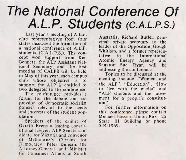 A notice on the forthcoming C.A.L.P.S. conference in Tharunka (University of NSW student paper), 9 May 1977, p. 5. A notice on the forthcoming C.A.L.P.S. conference in Tharunka (University of NSW student paper), 9 May 1977, p. 5.
