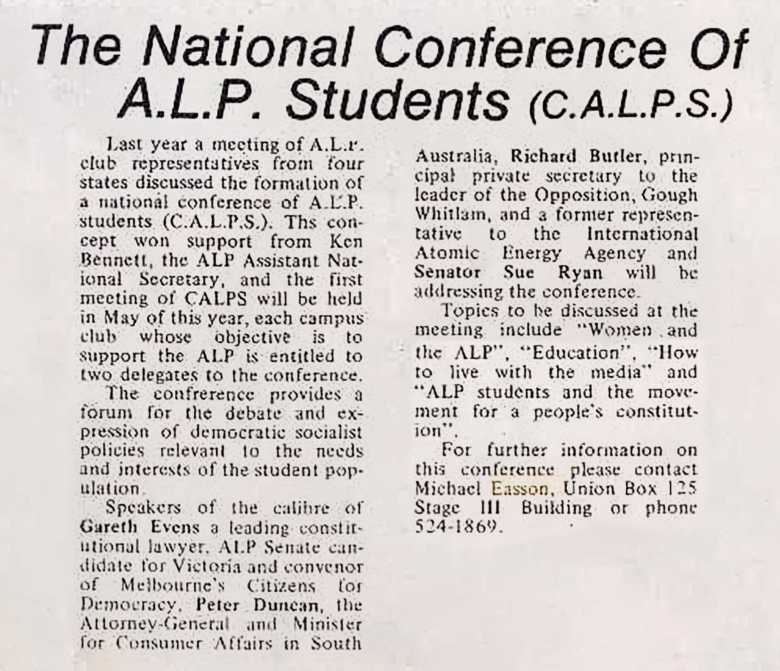 A notice on the forthcoming C.A.L.P.S. conference in Tharunka (University of NSW student paper), 9 May 1977, p. 5.