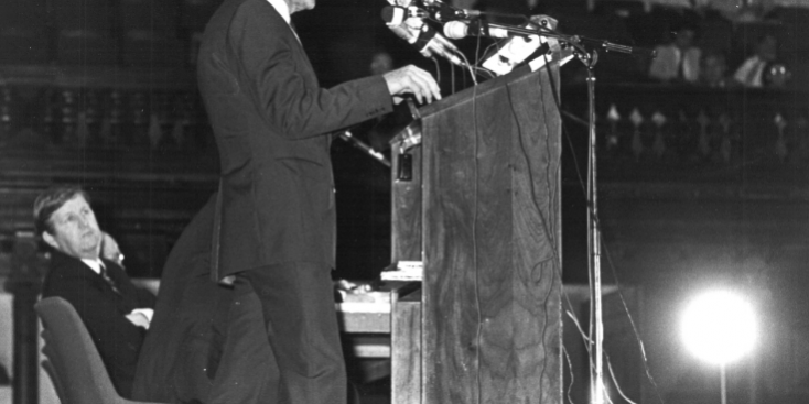 The “Four Unions” who left the Victorian ALP during the ALP split of 1955 were supporters of Bob Hawke and wanted to turn the tide from Leftwing control of the Victorian ALP Branch. This photo shows Prime Minister Bob Hawke at the Sydney Town Hall addressing delegates at the 1984 Labor Council Annual General meeting. Labor Council secretary Barrie Unsworth leans back on the stage. Photo: from Michael Easson papers, Noel Butlin Archives, Menzies Library, Australian National University. The “Four Unions” who left the Victorian ALP during the ALP split of 1955 were supporters of Bob Hawke and wanted to turn the tide from Leftwing control of the Victorian ALP Branch. This photo shows Prime Minister Bob Hawke at the Sydney Town Hall addressing delegates at the 1984 Labor Council Annual General meeting. Labor Council secretary Barrie Unsworth leans back on the stage. Photo: from Michael Easson papers, Noel Butlin Archives, Menzies Library, Australian National University.