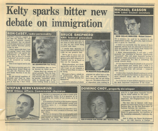 Immigration intake was controversial throughout the 1980s and early 1990s. The above are various comments published with mine in The Sun-Herald [Sydney] 11 August 1991, p. 19.