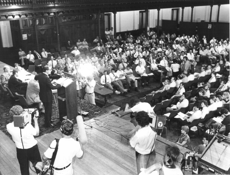 Above and below: Neville Wran in 1984 addressing delegates at the Annual General meeting of the Labor Council of NSW at the Sydney Town Hall. Photo: from Michael Easson papers, Noel Butlin Archives, Menzies Library, Australian National University. (Photos not published in the book.) 2/2