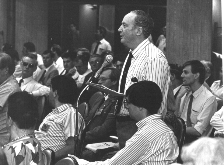 Jim Walsh, NSW secretary, Australian Railways Union, speaking at the Labor Council AGM 1990. Photo: from Michael Easson papers, Noel Butlin Archives, Menzies Library, Australian National University.