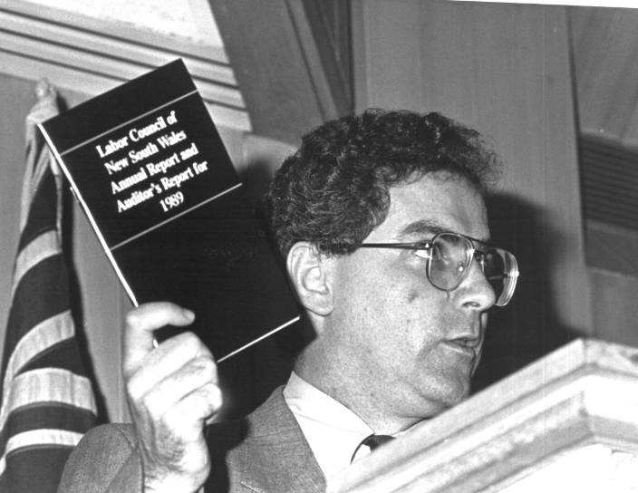 Addressing delegates at the 1990 Annual General meeting of the Labor Council of NSW. Photo: from Michael Easson papers, Noel Butlin Archives, Menzies Library, Australian National University.