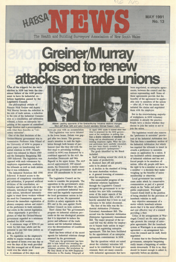 One of many articles in union publications in the early 1990s featuring Jeff and I concerning proposed industrial relations ‘reforms’ in NSW.