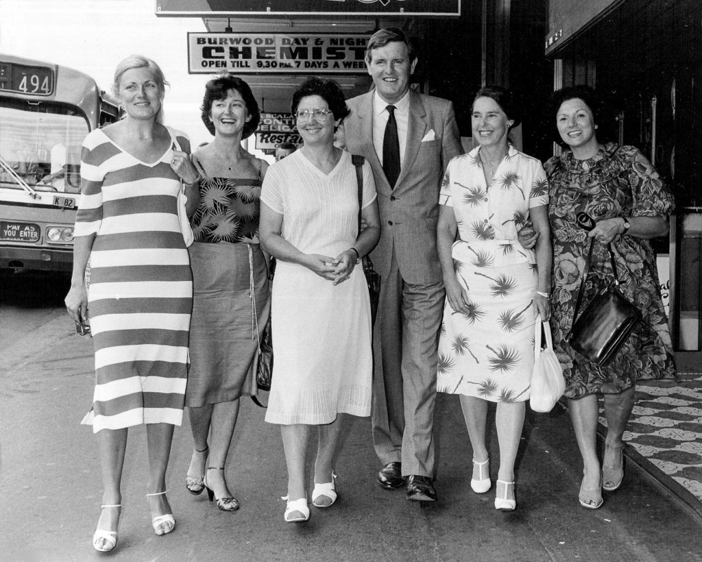 Photo from Fairfax newspapers collection, 23 February, 1982, campaigning for Lowe with Ros Kelly, Susan Ryan, Margaret Bermingham (Mrs Maher), Michael Maher, Dallas Hayden, and Franca Arena.