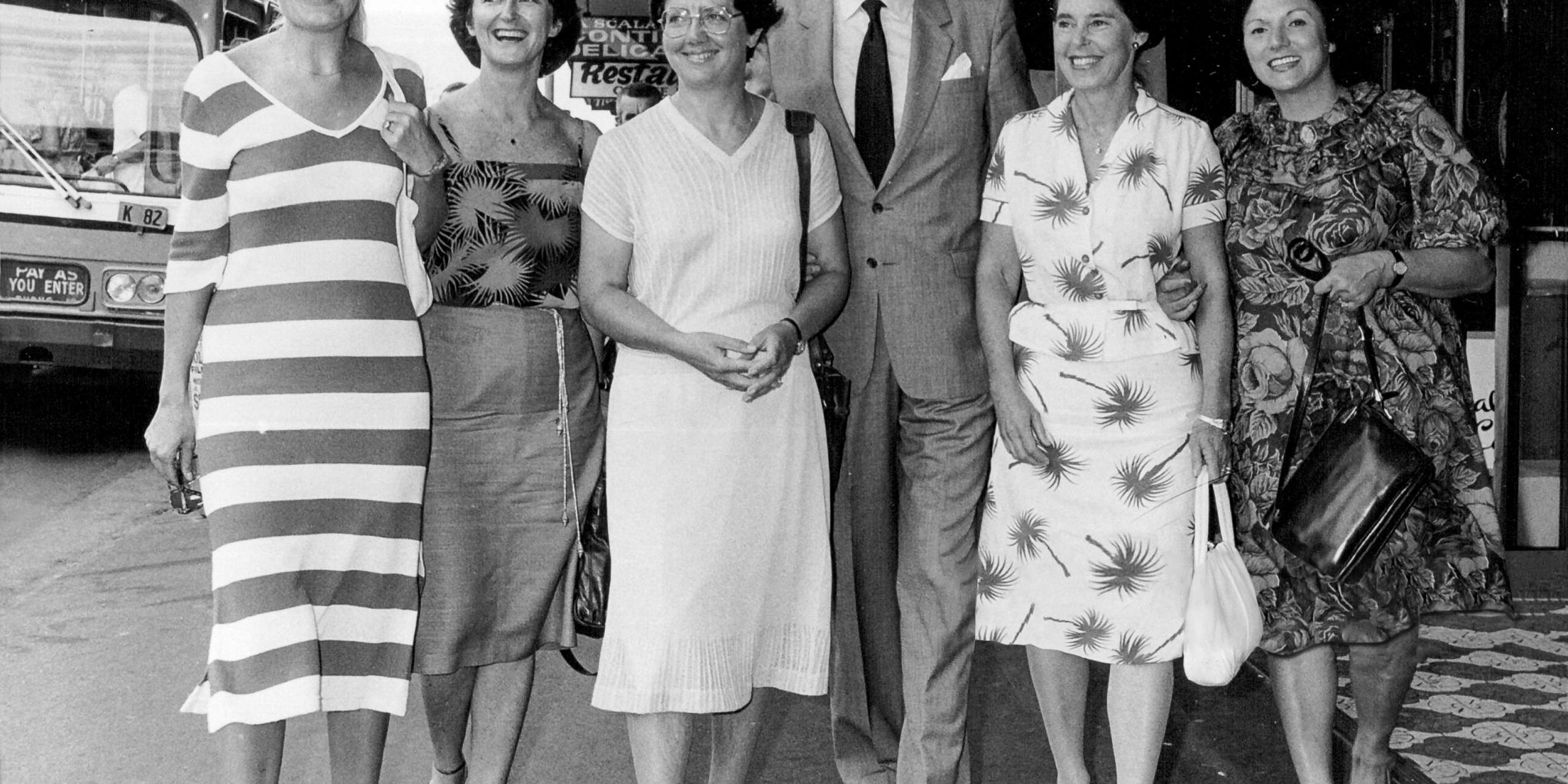 Photo from Fairfax newspapers collection, 23 February, 1982, campaigning for Lowe with Ros Kelly, Susan Ryan, Margaret Bermingham (Mrs Maher), Michael Maher, Dallas Hayden, and Franca Arena.